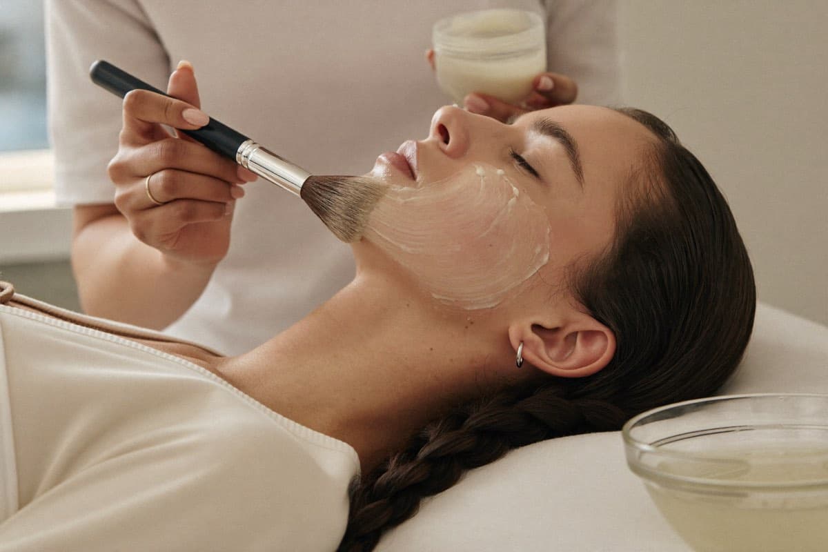 AHA-Fruchtsäurepeeling in Berlin – Peeling wird mit dem Fächerpinsel auf das Gesicht aufgetragen