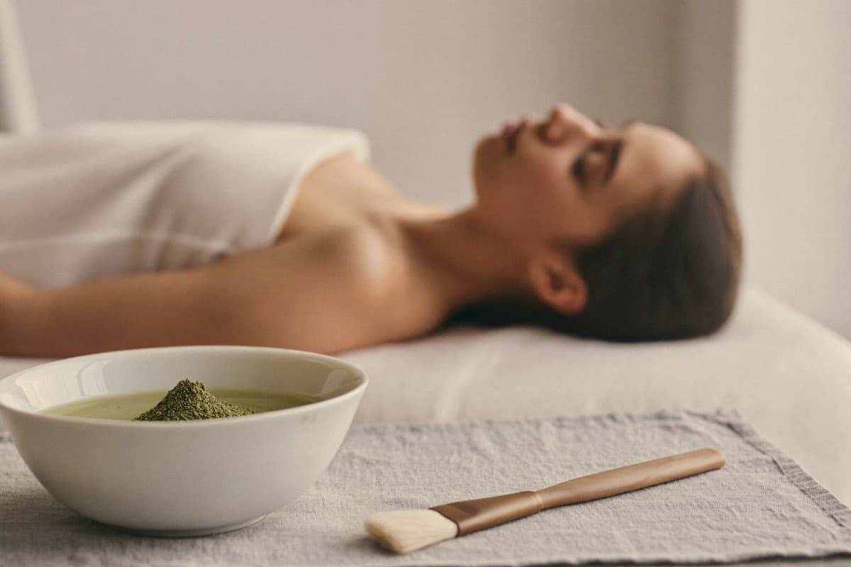 Anti-Aging Kräuterpeeling in Berlin – Schale mit Kräuterpulver und Pinsel neben der Behandlungsliege