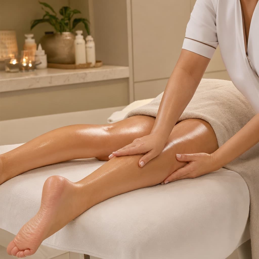 Brasilianische Lymphdrainage im BeautySkin Studio Berlin-Friedrichshain — drainierende Griffe am Bein